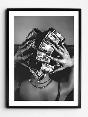 Black Woman with Money on Head Wall Art, Black and White Feminist Poster